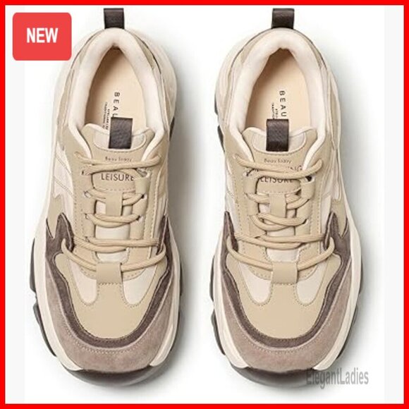 Shoes - Chunky Leather Sneakers with Lace-Up Design, EVA Sole, Comfort Fit